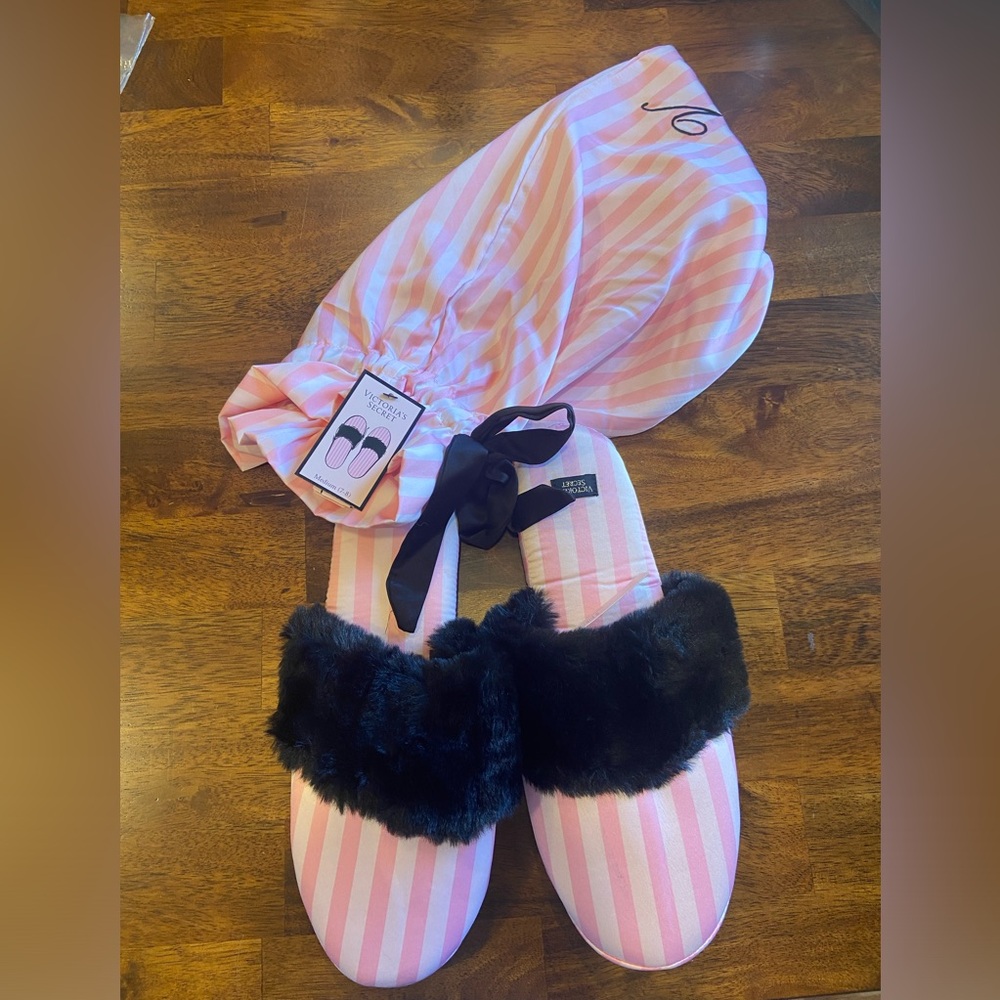 Victoria’s Secret Pink Stripped Satin Slippers with Dust Bag